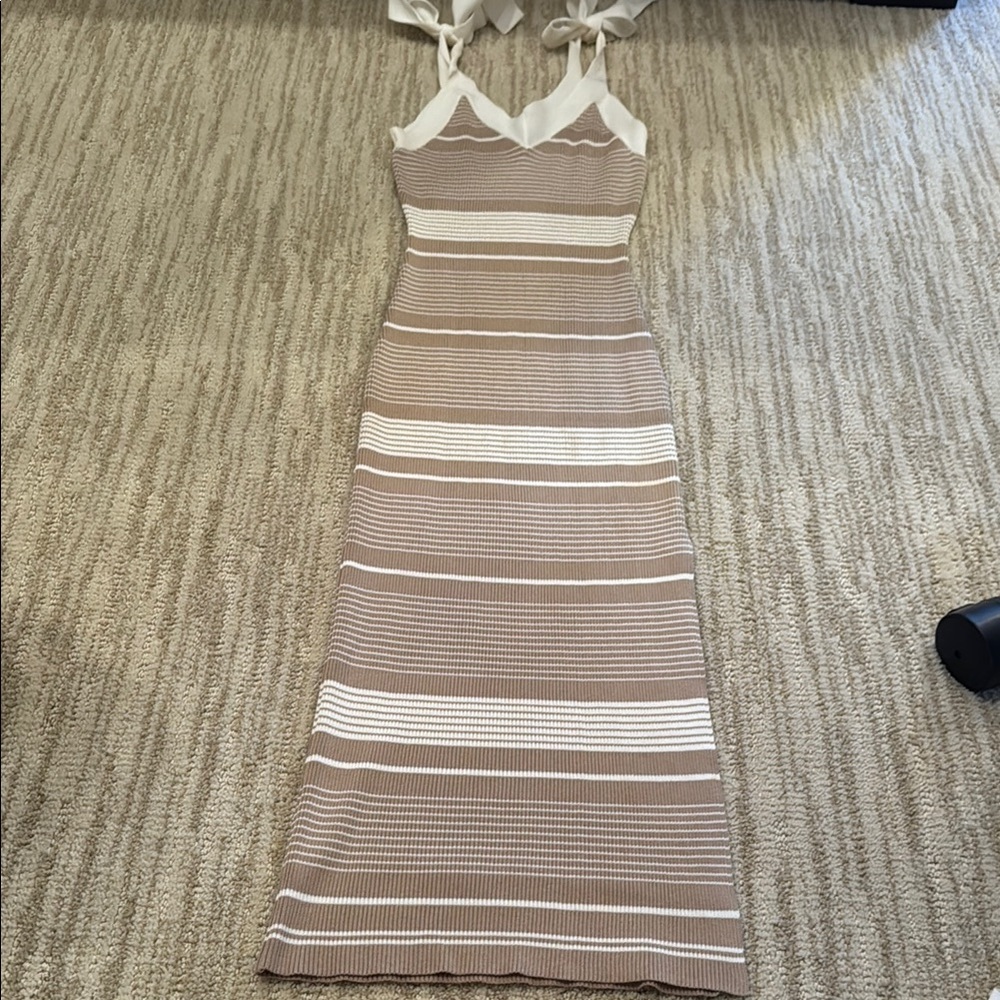 Mable Elegant Tan and White Striped Dress